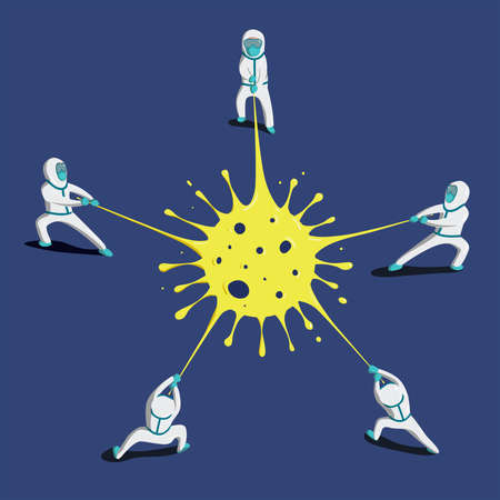 Professional doctors wearing protective suite and pulling coronavirus together. Concepts of unity against coronavirus.のイラスト素材