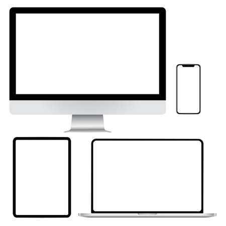 Realistic Computer, Laptop, Tablet and Smartphone with Blank Wallpaper Screen Isolated on White Background.