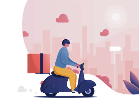 Man courier riding scooter with parcel cardboard box. Fast delivery concept isolated flat horizontal copy space vector illustration.のイラスト素材