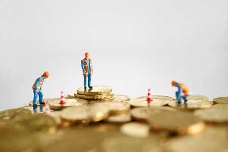Miniature people: Worker team and stack of coins with copy space for text using as background saving, investment, money, financial, business analytics concept.の写真素材