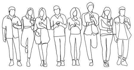 Line drawing of people using phone togetherのイラスト素材