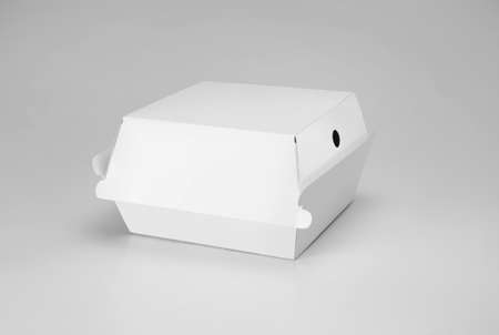 Blank white burger carton box mock up isolated on white backgroundの写真素材