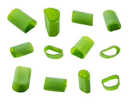 chopped green onions isolated on white clipping pathの写真素材