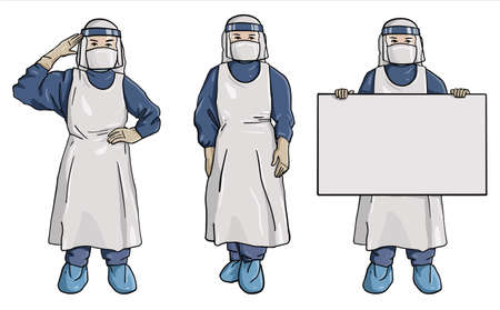 Set of people Character wearing in PPE personal protective suit Clothing isolated on whiteのイラスト素材
