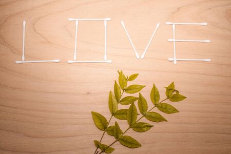 The word LOVE made from cotton bud on wood and leaf texture background with vintage color styleの写真素材