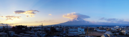 KAWAGUCHIKO, YAMANASHI JAPAN - DECEMBER 3, 2017: Panorama of Fuji mountain and Kawaguchiko town with sunrise, Autumn seasons Fuji mountain at yamanachi in Japan.のeditorial素材