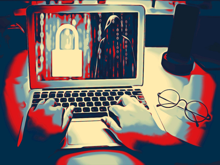 Paint sketch in danger concept of  Red Black color. Anonymous hacker typing the code tries to hack the system and steal accesses on background screens in the dark. Concept of cybersecurityの写真素材