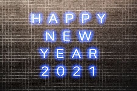 2021 Happy New Year concept with colorful blue neon lights. Design elements for presentations,...