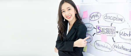 Face of beautiful asian business woman smile and crossed arms on the background of business board...