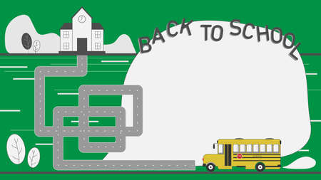 Flat design background, Back to school, A school bus head to school along dizzy road