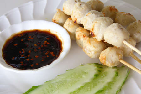 Thai style grilled pork meatball on dishの写真素材