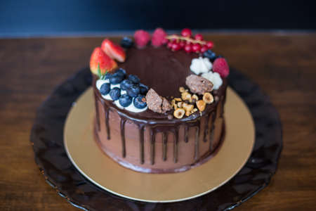 chocolate cake with fruits.の写真素材
