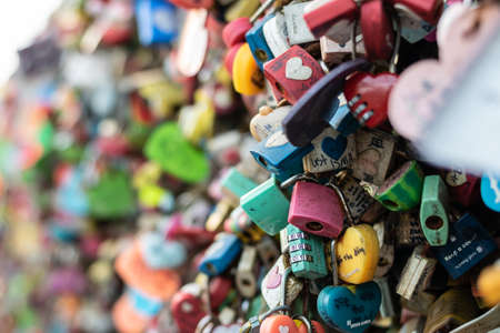 Seoul, South Korea - September 17, 2018 : Vareity of locked key at N Seoul tower on the Namsan mountain that people believe they will have the forever love if write the couple name on itのeditorial素材