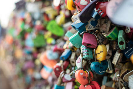 Seoul, South Korea - September 17, 2018 : Vareity of locked key at N Seoul tower on the Namsan mountain that people believe they will have the forever love if write the couple name on itのeditorial素材