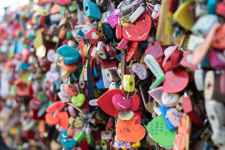 Seoul, South Korea - September 17, 2018 : Vareity of locked key at N Seoul tower on the Namsan mountain that people believe they will have the forever love if write the couple name on itのeditorial素材