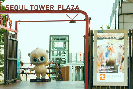 Seoul, South Korea - September 17, 2018 : Mascot at the entrance of N Seoul tower on the Namsan mountain that people believe they will have the forever love if write the couple name on the keyのeditorial素材