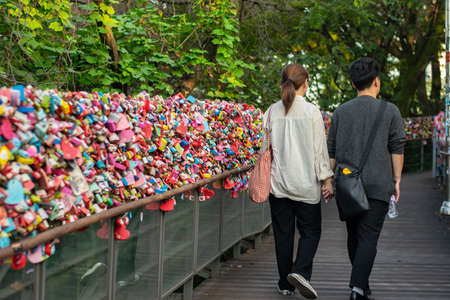 Seoul, South Korea - September 17, 2018 : Variety of locked key at N Seoul tower on the Namsan mountain that people believe they will have the forever love if write the couple name on itのeditorial素材