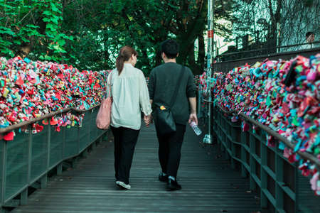 Seoul, South Korea - September 17, 2018 : Variety of locked key at N Seoul tower on the Namsan mountain that people believe they will have the forever love if write the couple name on itのeditorial素材