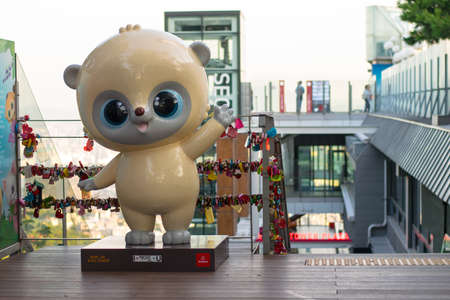 Seoul, South Korea - September 17, 2018 : Mascot at the entrance of N Seoul tower on the Namsan mountain that people believe they will have the forever love if write the couple name on the keyのeditorial素材