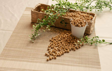 Soy beans in white bowl and brown mesh busket decorated with green leaf on the fabric table cloth. Side view with the nature and ambient lightの写真素材