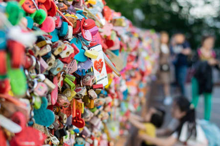 Seoul, South Korea - September 17, 2018 : Variety of locked key at N Seoul tower on the Namsan mountain that people believe they will have the forever love if write the couple name on itのeditorial素材