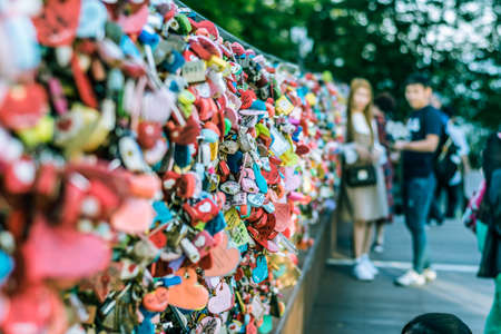 Seoul, South Korea - September 17, 2018 : Variety of locked key at N Seoul tower on the Namsan mountain that people believe they will have the forever love if write the couple name on itのeditorial素材