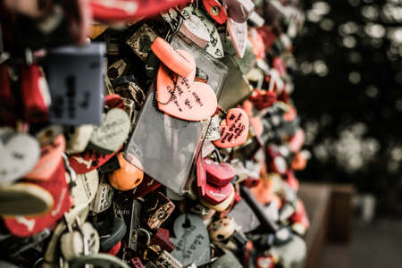 Seoul, South Korea - September 17, 2018 : Variety of locked key at N Seoul tower on the Namsan mountain that people believe they will have the forever love if write the couple name on itのeditorial素材