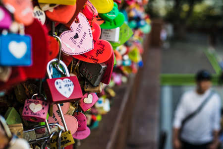 Seoul, South Korea - September 17, 2018 : Variety of locked key at N Seoul tower on the Namsan mountain that people believe they will have the forever love if write the couple name on itのeditorial素材
