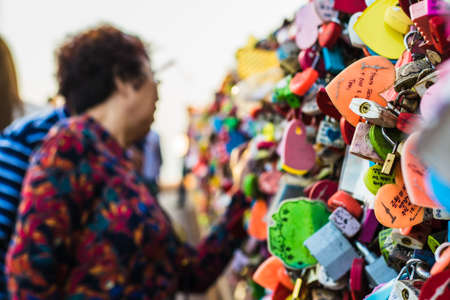 Seoul, South Korea - September 17, 2018 : Variety of locked key at N Seoul tower on the Namsan mountain that people believe they will have the forever love if write the couple name on itのeditorial素材