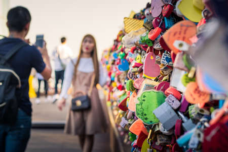 Seoul, South Korea - September 17, 2018 : Variety of locked key at N Seoul tower on the Namsan mountain that people believe they will have the forever love if write the couple name on itのeditorial素材