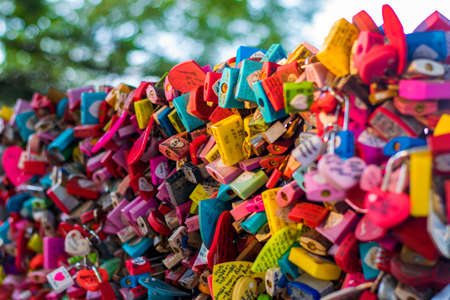 Seoul, South Korea - September 17, 2018 : Variety of locked key at N Seoul tower on the Namsan mountain that people believe they will have the forever love if write the couple name on itのeditorial素材