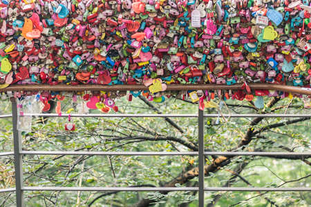 Seoul, South Korea - September 17, 2018 : Variety of locked key at N Seoul tower on the Namsan mountain that people believe they will have the forever love if write the couple name on itのeditorial素材