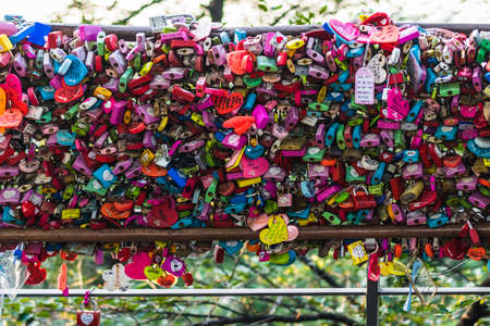 Seoul, South Korea - September 17, 2018 : Variety of locked key at N Seoul tower on the Namsan mountain that people believe they will have the forever love if write the couple name on itのeditorial素材