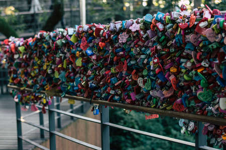 Seoul, South Korea - September 17, 2018 : Variety of locked key at N Seoul tower on the Namsan mountain that people believe they will have the forever love if write the couple name on itのeditorial素材