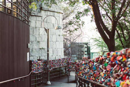 Seoul, South Korea - September 17, 2018 : Variety of locked key at N Seoul tower on the Namsan mountain that people believe they will have the forever love if write the couple name on itのeditorial素材