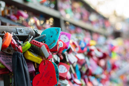 Seoul, South Korea - September 17, 2018 : Variety of locked key at N Seoul tower on the Namsan mountain that people believe they will have the forever love if write the couple name on itのeditorial素材