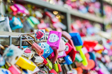 Seoul, South Korea - September 17, 2018 : Variety of locked key at N Seoul tower on the Namsan mountain that people believe they will have the forever love if write the couple name on itのeditorial素材