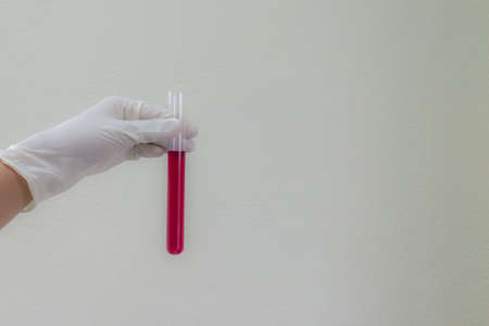 Color liquid in test tube hold in left hand with glove of scientist isolated on the light plain wall