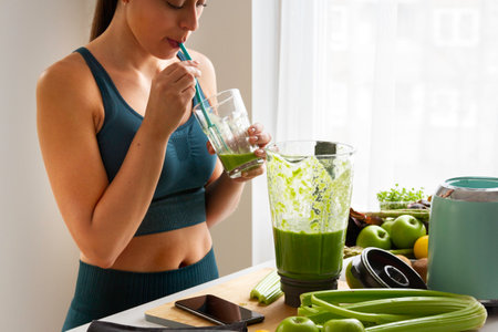 woman drinking green smoothieの写真素材