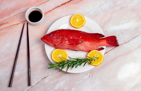 still life a fish on the plate with lemon and sticksの写真素材