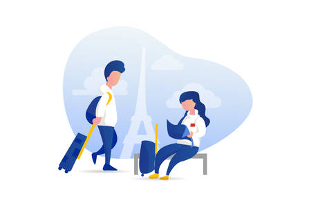 Young people traveling. world tourism day concept. young people with travel bag and map traveling vector illustration concept for web landing page template, banner, flyer and presentationのイラスト素材