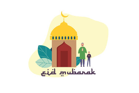 greeting eid mubarak. happy ramadan concept with tiny people character for web landing page template, banner, flyer and presentation. islamic eid fitr or adha flat design. vector illustrationのイラスト素材