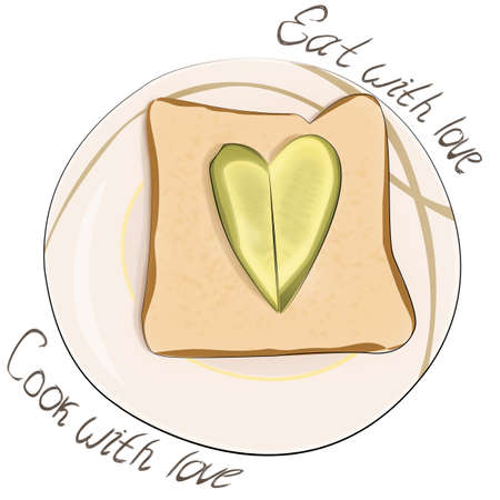 Illustration of sandwich made of bread and heart shape cucumber and text cook with love and eat with...