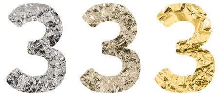 Isolated Font Russian Letter or number 3 three made of crumpled titanium, silver, gold foil on a white backgroundの写真素材