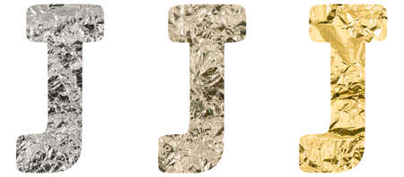 Isolated Font English or Latin Letter J made of crumpled titanium, silver, gold foil on white backgroundの写真素材