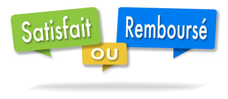 Satisfied or refunded illustration in three colored bubbles in French blue green and yellowの写真素材
