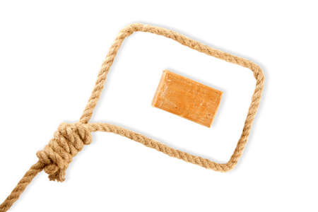 Rope with hangman's noose and soap isolated on white backgroundの写真素材