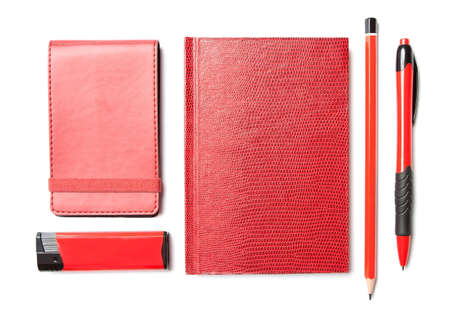 Red set of stationery isolated on white backgroundの写真素材