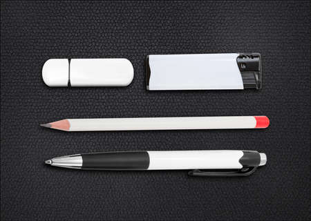 white collection of stationery on background leather texture