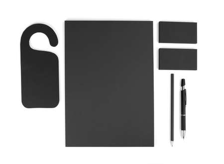 Blank Stationery on white background. Consist of Business cards, A4 letterheads, pen and pencilの写真素材